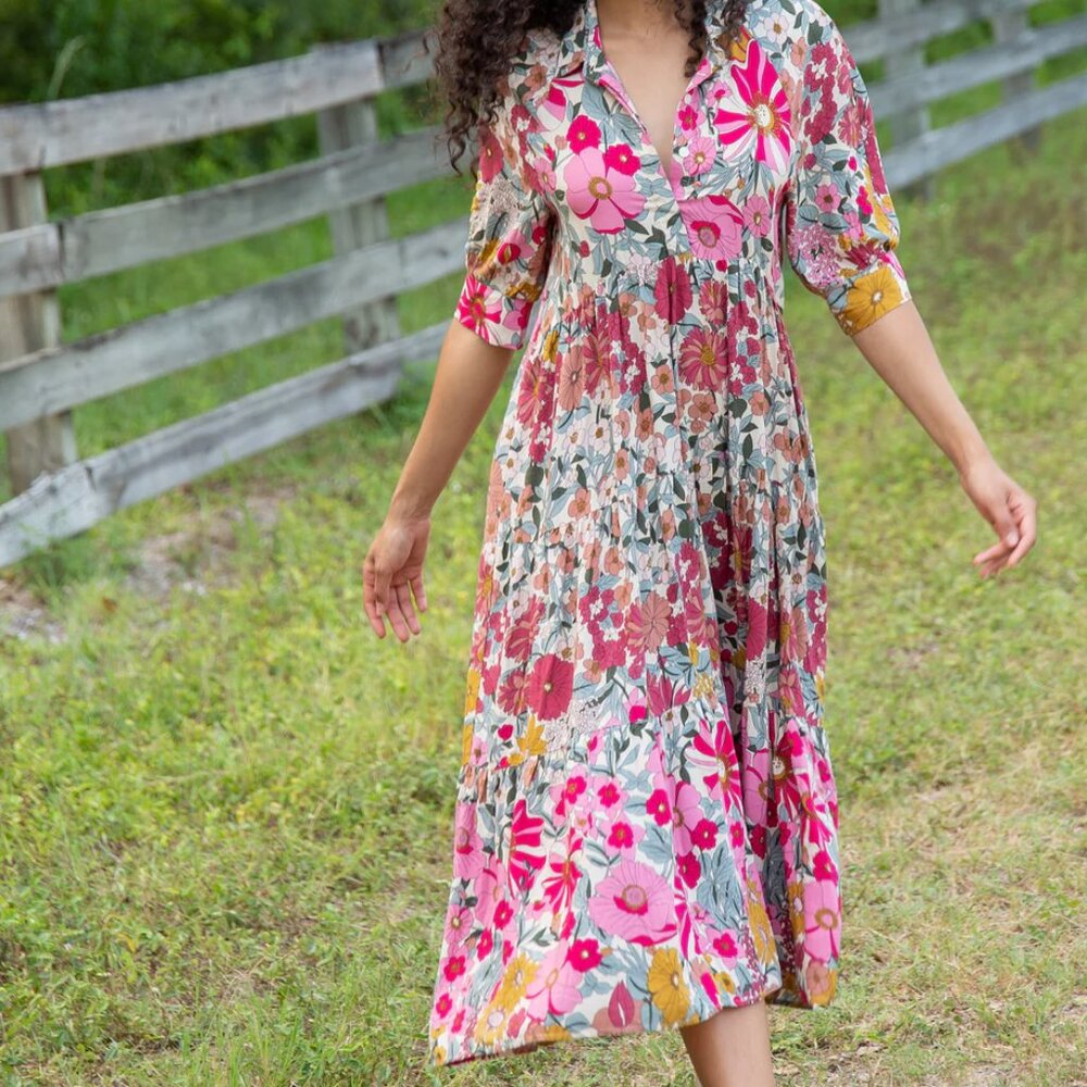 NATURAL LIFE Pink Floral Midi Dress with Yellow Accents